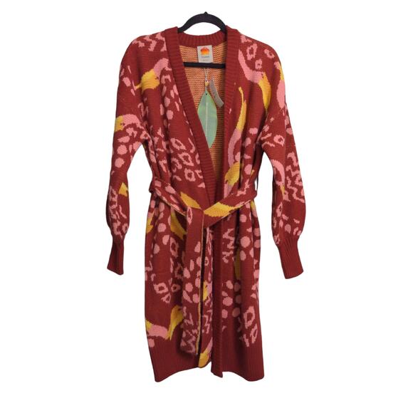 FARM Rio Burgundy Toucanissimo Belted Cardigan Long Sleeve Open Front XS New - Picture 1 of 14